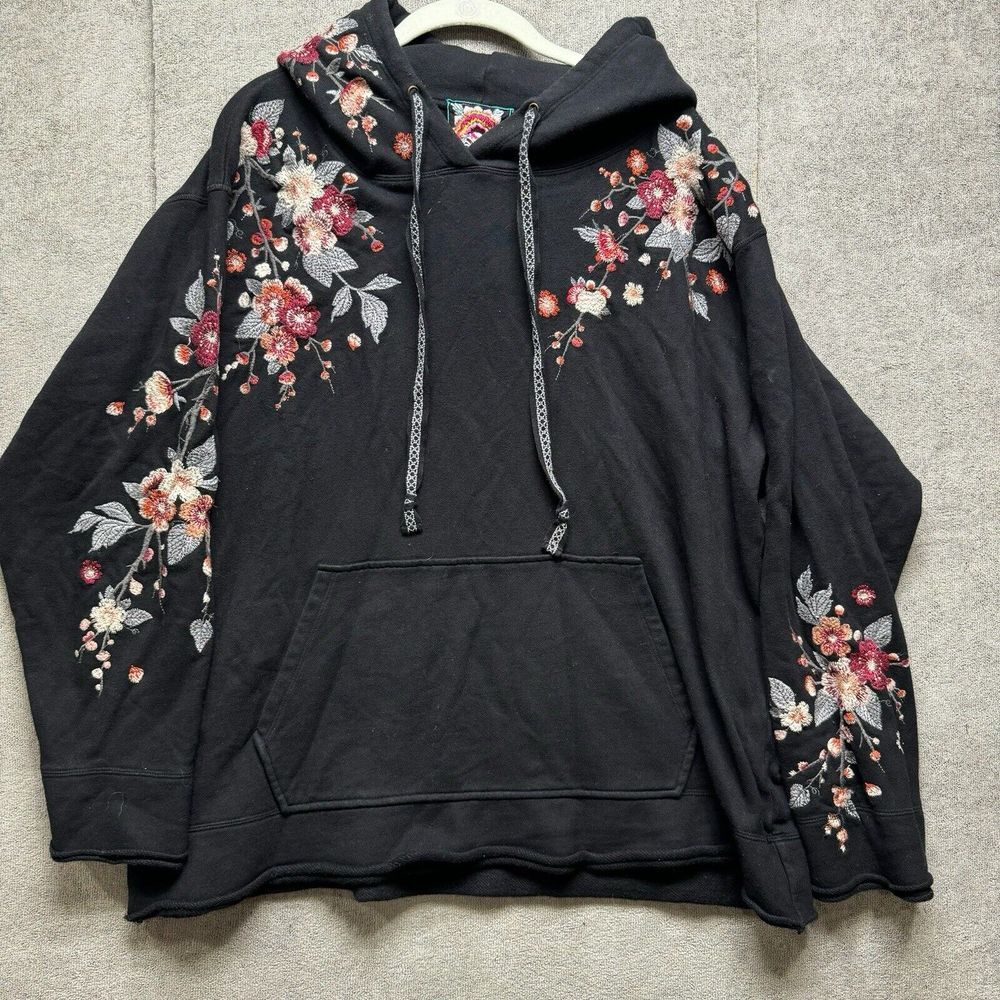 Johnny Was Black Hoodie with Pink  Cream Floral Embroidery Oversized L Fits 1X